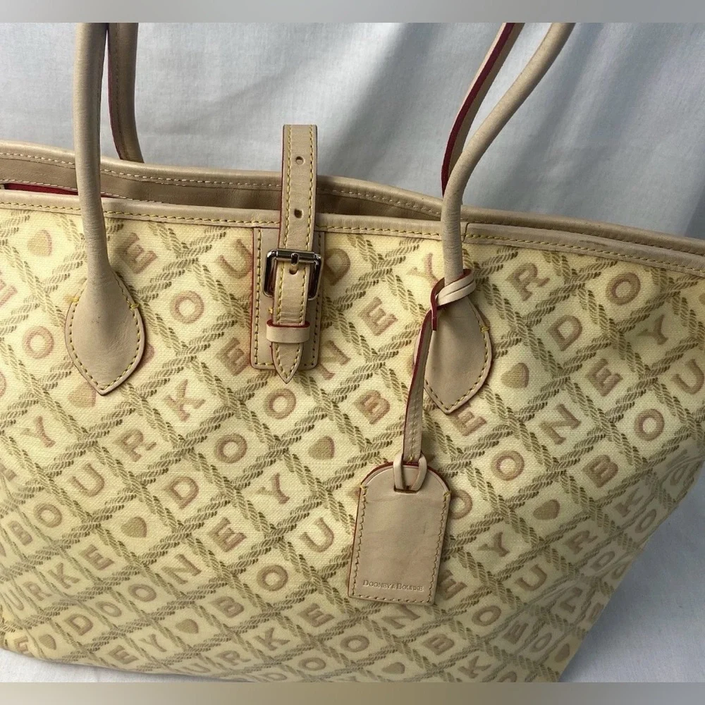 Dooney & Bourke Beige Monogram Tote Canvas Leather Trim Shoulder Bag Large - Picture 3 of 7